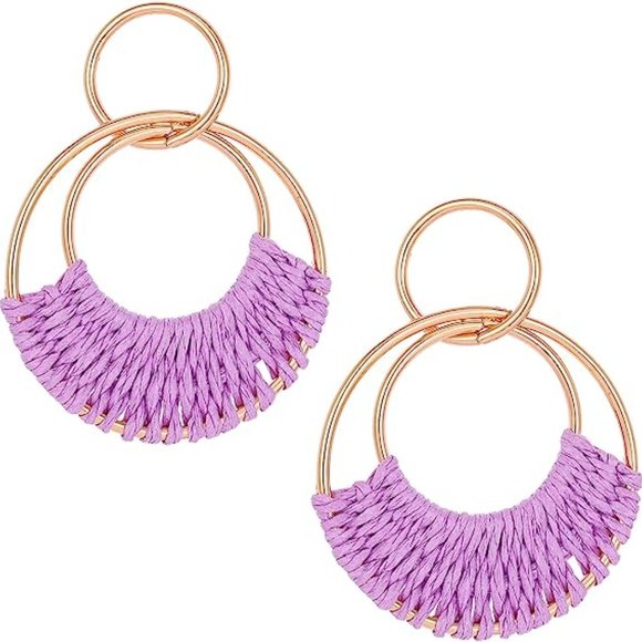 Lavender Woven Raffia Gold Hoop Earrings Wicker Hoops Links Post Vacay Style New - Picture 4 of 5